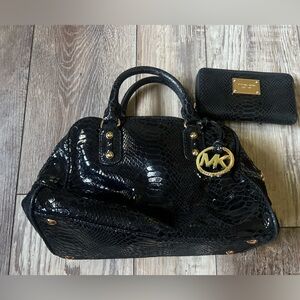 Michael Kors Black Snake-Embossed bag & matching wallet